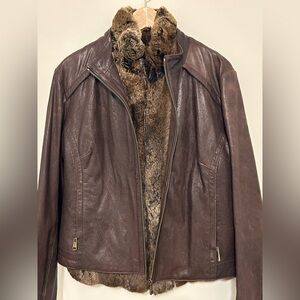 Andrew Marc Dark Brown Leather Jacket With Rabbit Fur Vest Women’s size XL